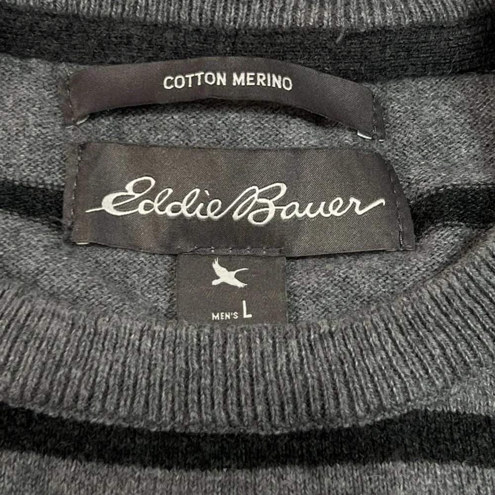 Eddie‎ Bauer Sweater Mens Large Gray Striped Crewneck Cotton Merino Wool